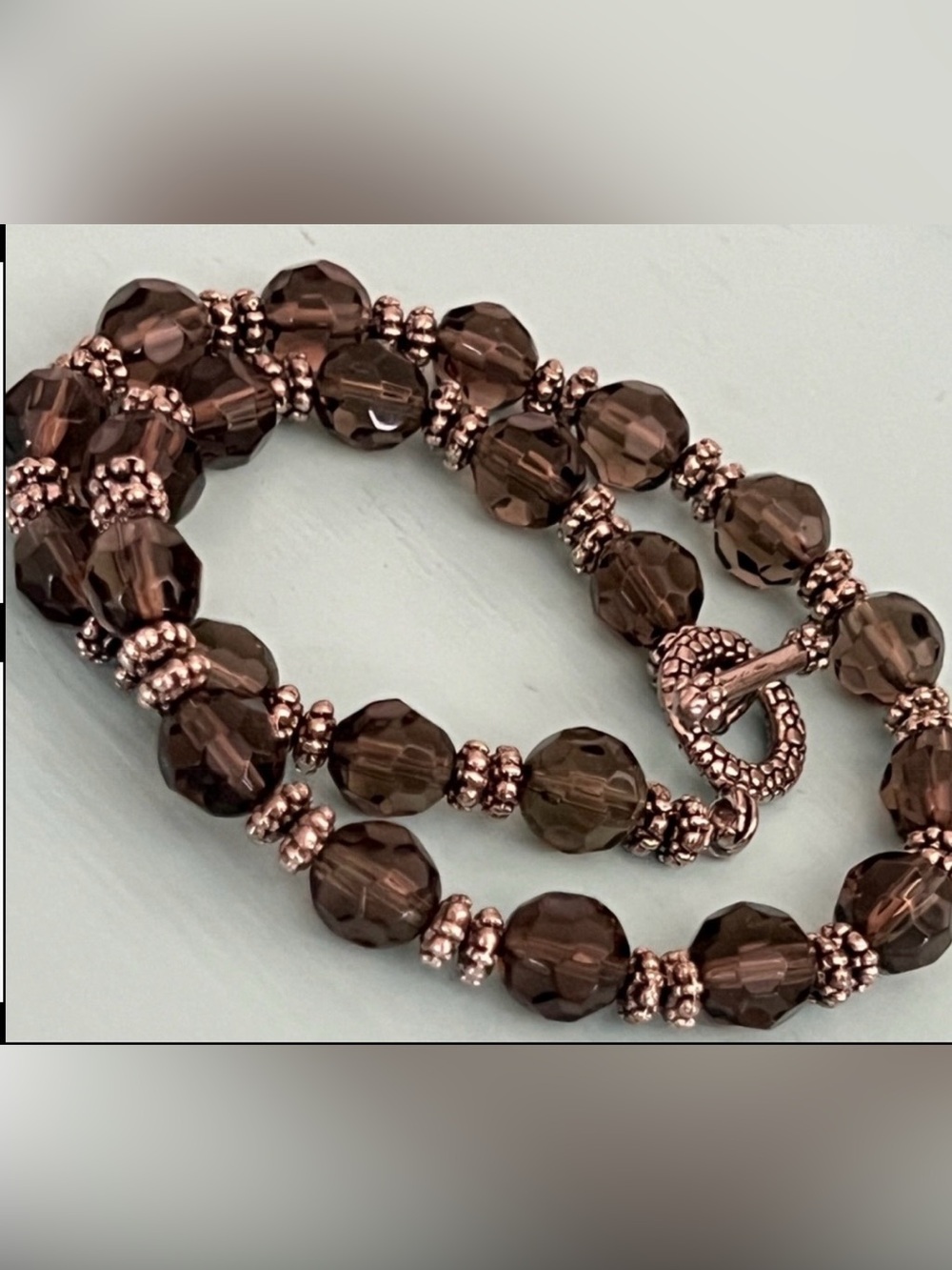 925 Sterling Silver & Smoky Quartz Toggle Clasp Necklace, Handmade 16”
